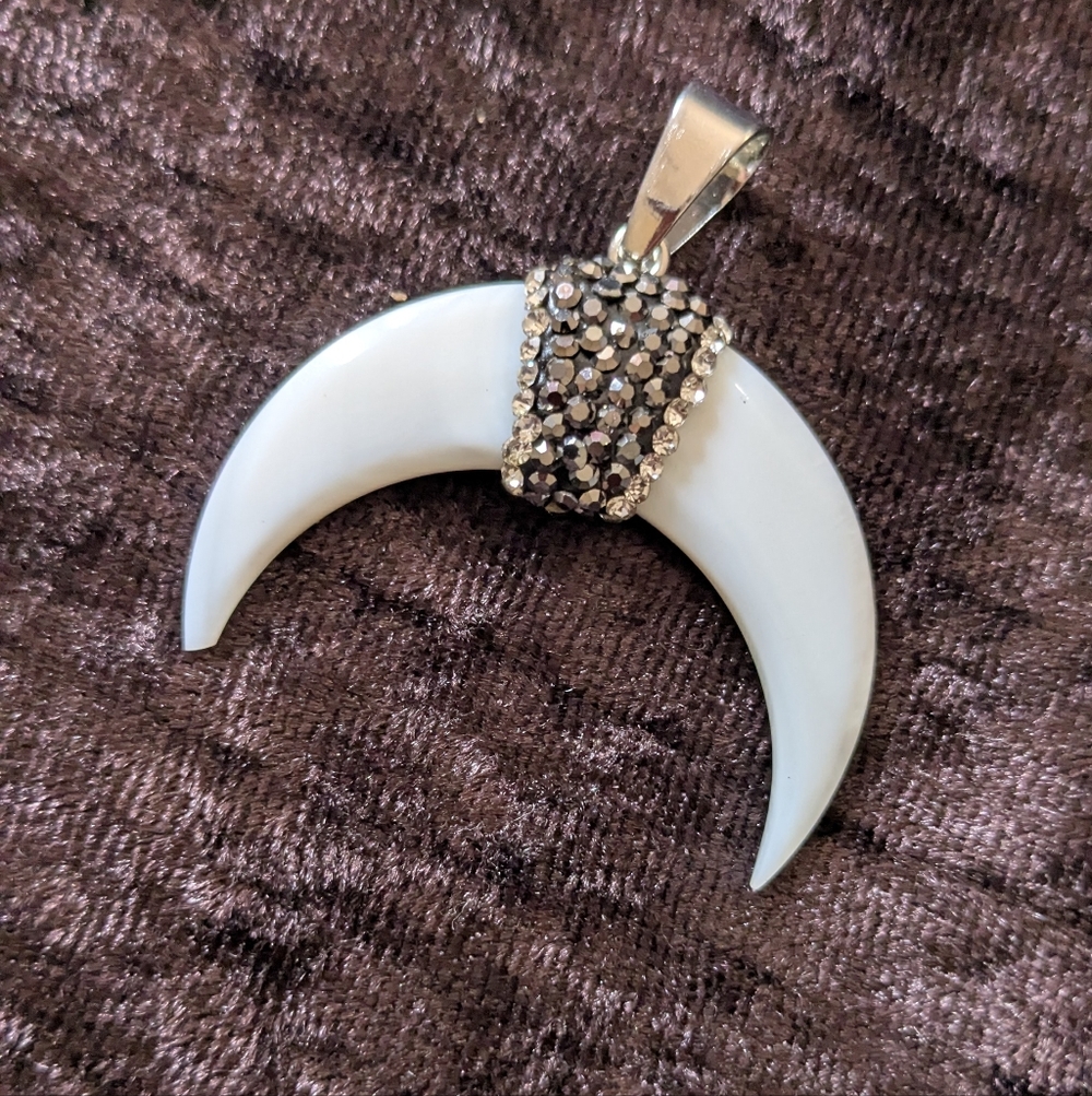 Handcrafted Rhinestone & Mother of Pearl Crescent Moon Pendant (Unisex)
